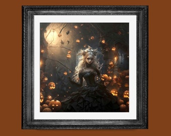 May include: A woman in a black gown stands in a dark forest surrounded by glowing jack-o'-lanterns. She has long white hair and is wearing a crown of leaves. The scene is set against a backdrop of a full moon and a dark sky.