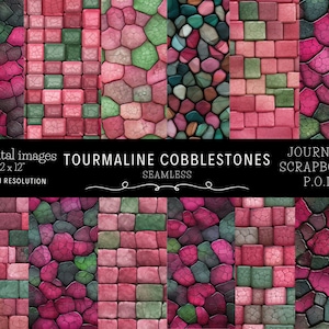 May include: Twelve digital seamless patterns featuring a pink and green cobblestone design. The patterns are 12 inches by 12 inches and 300 DPI resolution. The text "Tourmaline Cobblestones" is displayed on the image.