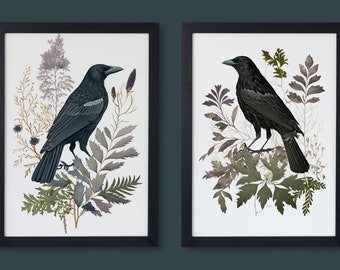 2 Digital Prints, Raven Wall Art, Avian Prints, Crow Art, Set of 2 Prints, Large Wall Art, Wall Art, Printable Art, Botanical Prints