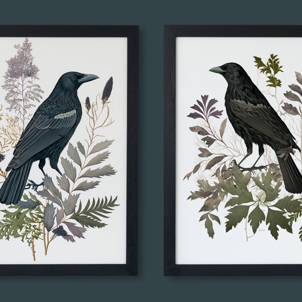 2 Digital Prints, Raven Wall Art, Avian Prints, Crow Art, Set of 2 Prints, Large Wall Art, Wall Art, Printable Art, Botanical Prints