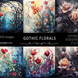 May include: Six digital images of gothic floral designs. The images feature dark, intricate vines and flowers in shades of red, pink, and purple. The text "Gothic Florals" is displayed in the center of the image.