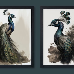 2 Digital Prints, Peacock Wall Art, Avian Prints, Exotic Birds, Set of 2 Prints, Large Wall Art, Wall Art, Printable Art, Botanical Prints