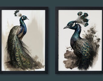 2 Digital Prints, Peacock Wall Art, Avian Prints, Exotic Birds, Set of 2 Prints, Large Wall Art, Wall Art, Printable Art, Botanical Prints