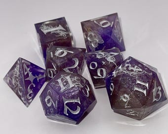 Enchanted Twilight Fairy Garden Resin Dice Set - Handcrafted Double-Pour Purple and Silver D&D Dice