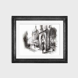 Black & White Cityscape Sketch | Pencil Charcoal Line Art | PRINTABLE Download BlackRoseDigitals | AR 3:2