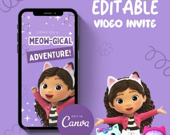 Gabby’s Dollhouse Digital Invitation | Video Birthday Invite | Editable Template | Gabby Cat Birthday Party