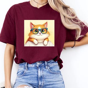 Niedliches Katzen-T-Shirt Lustiges Katzen-Grafik-T-Shirt Katzen-Liebhaber-T-Shirt Niedliche Katze mit Brille, lustiges Tierliebhaber-T-Shirt, seltsames Katzen-T-Shirt für Frauen