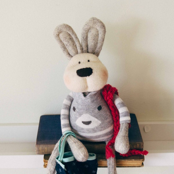 Harold - Mini Wool Sock Monkey bunny Doll Toy with weighted hands and bum, removable overalls and sweet blush cheeks, the sculpted sock