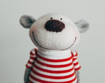 PHIL - Original Sculpted Sock Monkey Doll Toy with striped shirt and a great big silly happy smile, cute design, weighted arms bum and legs