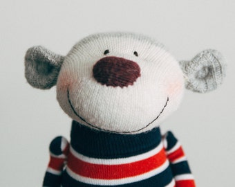 HANS - Original Sculpted Sock Monkey Doll Toy with striped shirt and a great big silly happy smile, cute design, weighted arms bum and legs