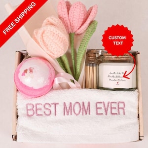 Best Mom Ever Gift Box Mother’s Day Spa Gift Soy Candle Bath Bomb Self Care Gift Crochet Flower Bouquet Mom Towel Jar Matches Gift for Mom