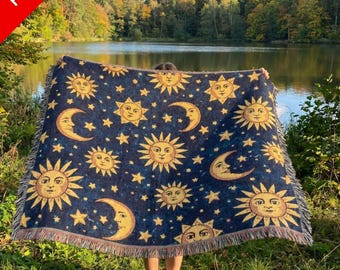 Celestial Folk Art Sun and Moon Rug Decor Medieval & Renaissance Celestial Decor Blanket Hippie Crescent Moon Whimsigoth Boho Home Tapestry
