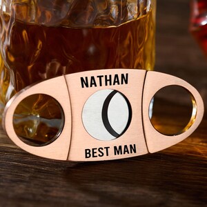 Pu&ograve; includere: Tagliasigari color rame con le scritte nere "NATHAN" e "BEST MAN". Presenta due aperture circolari e una lama centrale. Lo sfondo mostra un bicchiere con liquido ambrato.