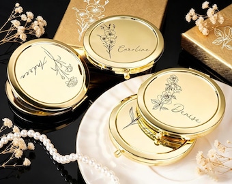 Personalized Birth Flower Compact Mirror Custom Name Engraved Mirror Floral Pocket Mirror Bridesmaid Gift Anniversary Gift Birthday Gifts