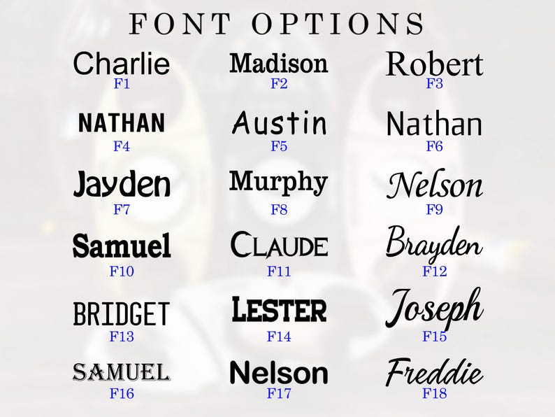Pu&ograve; includere: Immagine che mostra le opzioni di carattere per la progettazione del testo. Nomi come Charlie, Madison e Robert sono presentati in diversi stili di carattere. Il testo "FONT OPTIONS" &egrave; visualizzato nella parte superiore.
