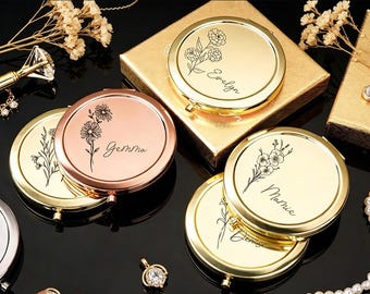 Personalized Birth Flower Compact Mirror, Custom Name Engraved Floral Pocket Mirror, Wedding Gift, Bridesmaid Gift, Bridal Party Gift
