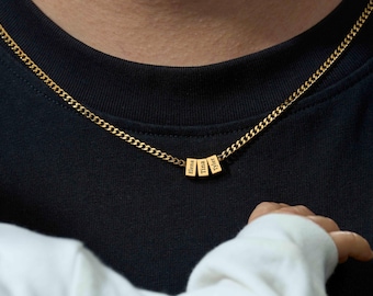 Collier Personnalisé Homme Avec Prénoms Enfants - 1 à 10 Noms Gravés - Cadeau Père, Mari, Fête Des Pères - Chaîne Perles Argentée Ou Dorée