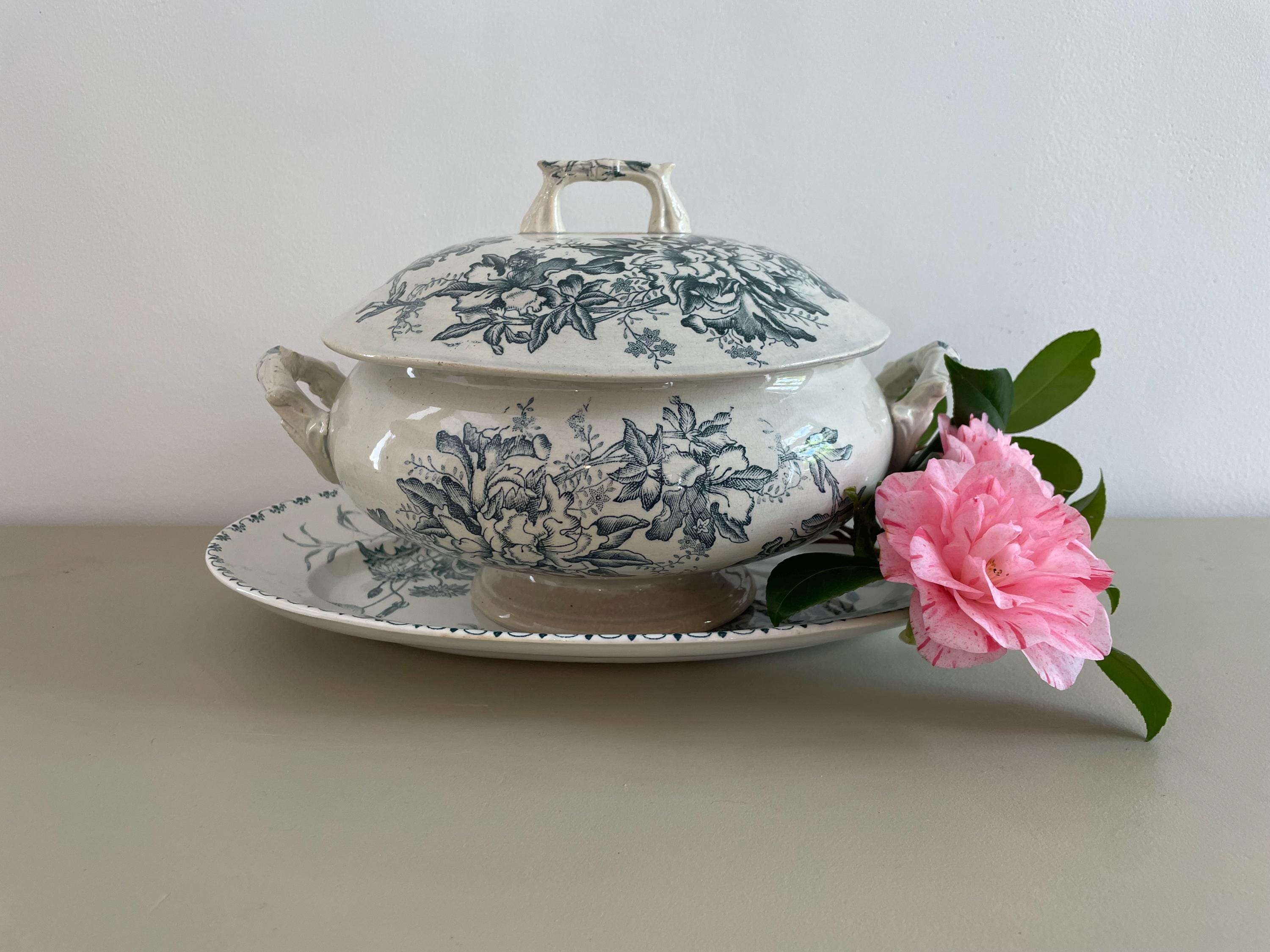 Soupière Ancienne – Terre De Fer – Décor Roses Bleu/vert – Creil – Occasion