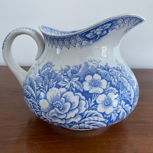 Blue Antique French Ironstone Transferware Pitcher, St Amand & Hamage Nord Jardinière model Terre de fer