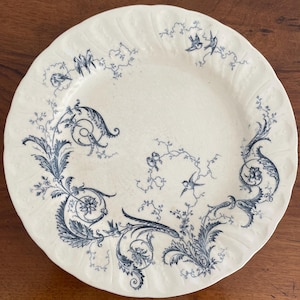 Antique French Ironstone Plate Gien Rinceaux model in blue Terre de fer
