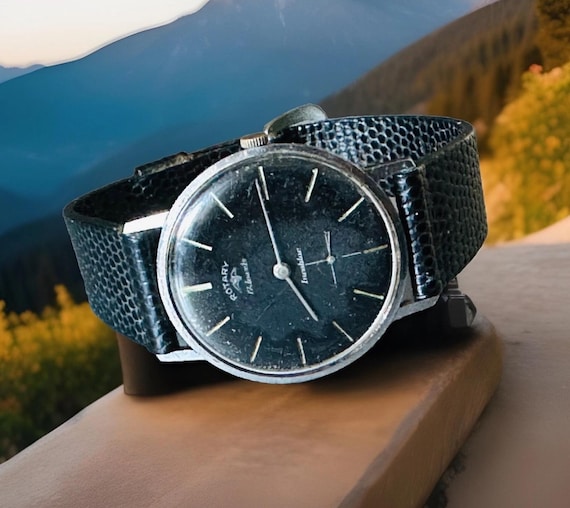 Vintage Rotary 17 Jewels Slim Black Mechanical Incabloc Sub Swiss