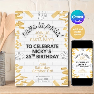 Editable Pasta Party Invitation Template Pasta Theme Birthday Invite Printable or Digital Download Instant Access via Canva