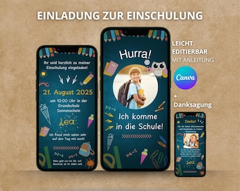 Puede incluir: Invitación digital para un evento de inscripción escolar, mostrada en tres teléfonos inteligentes. La invitación presenta texto en alemán, una foto de un niño y elementos decorativos como lápices y conos de helado. La fecha es el 21 de agosto de 2025.