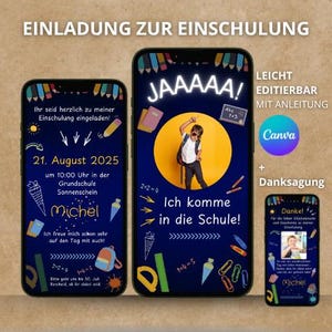 May include: Three smartphone screens displaying a digital invitation for a child's first day of school. The invitation features a dark blue background with school-themed illustrations, text in German, and the date August 21, 2025.