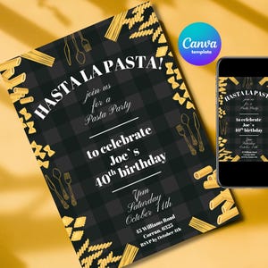 Editable Pasta Party Invitation for him Template Pasta Theme Birthday Invite Print or Send digitally Instant Access Canva template