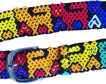 Beaded Cat Belt | folk art 80s 90s vintage rainbow primary kid core unisex waist adjustable belt silver hardware