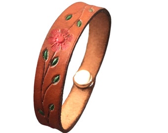 Flower Leather Bracelet | handmade brown cowhide hand tooled red daily leaves simple thin chic minimal gift femme cuff jewelry