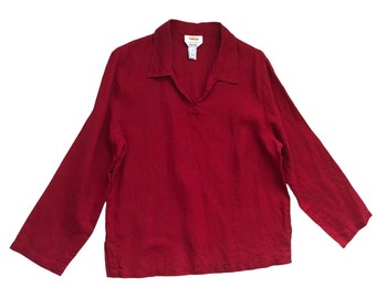 Linen/Cotton Blouse | 90s vintage lapel collar long sleeve unisex femme shirt top medium m large l crimson red v neck