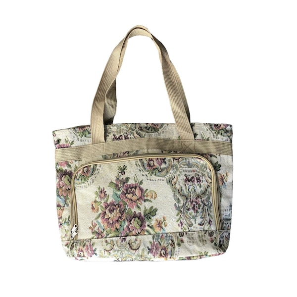 Floral Tapestry Weekender | 80s/90s vintage beige botanical rose pattern woven cream shoulder strap unisex femme overnight travel laptop bag