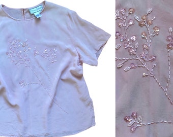 L | Silk Blouse with cherry blossom floral branch beaded top large 80s 90s vintage short sleeve loose pink coral