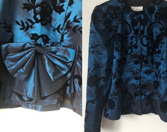 M | 90s Peplum Blazer - formal blue burnout velvet baroque black goth medium button up Scott McCormick jacket event long sleeve BOW