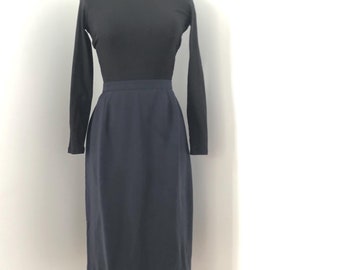 M | 90s Vintage Preppy Navy blue high waist midi pencil skirt straight 1990s