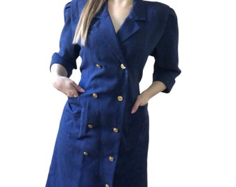 Caban à ceinture | Robe chemise bleu marine vintage des années 80, manteau léger, veste trench des années 80, boutons de détails dorés preppy, moyen m grand l caban