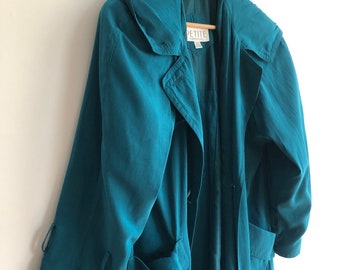 Hooded Trench | 80s vintage waist belt wrist tie PETITE sophisticates 4 small s medium m teal turquoise blue green long coat jacket femme