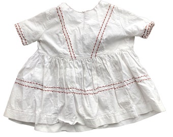 Southwest Baby dress | 60s 70s tiered white cotton brown pattern trim girl newborn gift vintage retro mid century