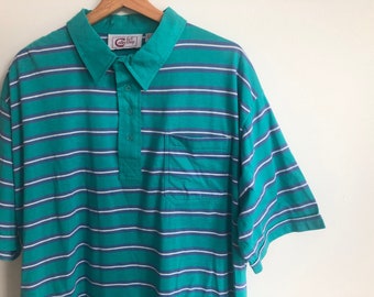 3X | 80s soft cotton stripe polo athletic preppy turquoise teal aqua purple white shirt top short sleeve XXL XXXL unisex vintage 90s