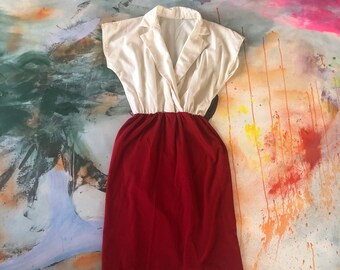 S/M | vtg shirt dress lapel collar elastic waist red cream short dolman sleeve red skirt midi preppy day dress small medium