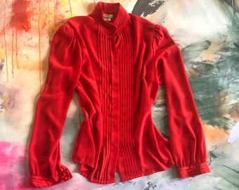 L | 80s vintage cherry red high collar button up long sleeve femme blouse shirt top pleated 1980s soft large 12 NICOLA