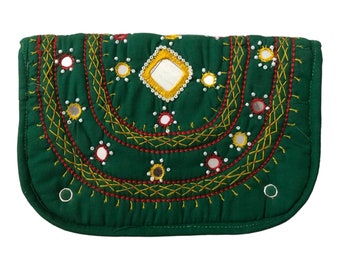 Embroidered Soft Clutch | 80s vintage folk art kelly green mirror embellishment pouch purse