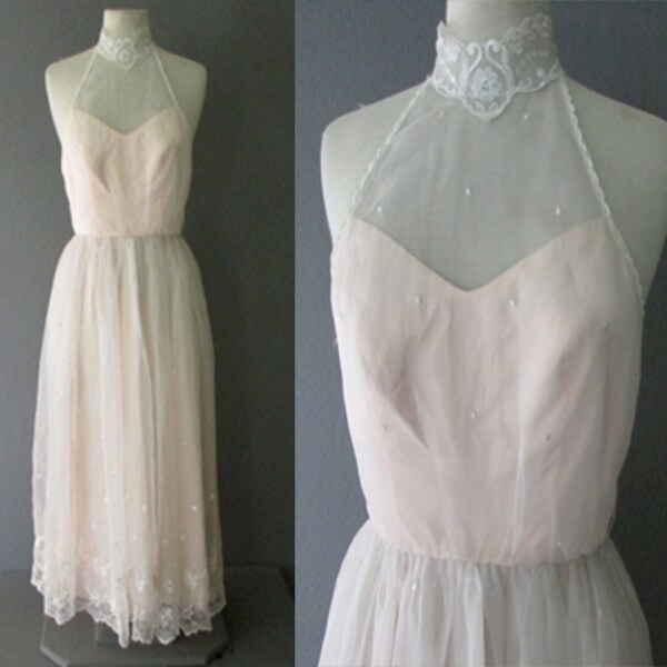 polka dot lace collar 40s prom dress pale pink - size small
