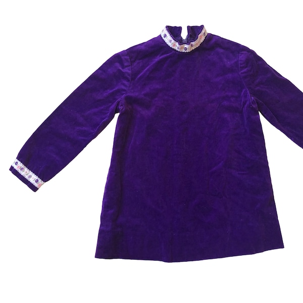 Purple Velvet Baby Dress | ribbon floral detail tunic top long sleeve 70s 1970s vintage 3 months