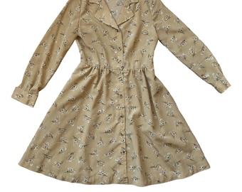 Robe chemise taupe | Mini robe de jour de danse florale marron vintage des années 70 boutonnée à manches longues et col pointu extra smallXS S