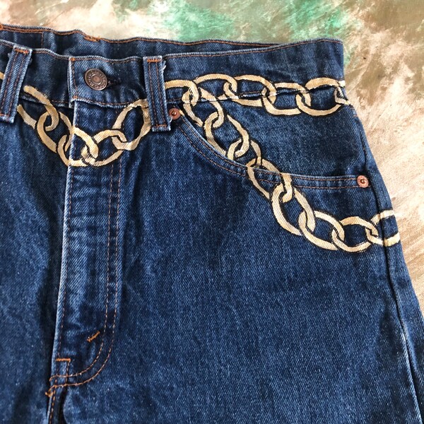 M | 90s vintage hand painted decorative gold chain high waist cut offs short shorts levis levi strauss stone wash blue jeans jean 31 32