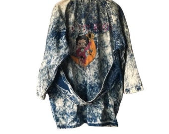 Acid Wash Jacket | 80s vintage hand painted Betty Boop bedazzled long jumper cover all unisex 1980s denim jean jacket coat M L OSFM