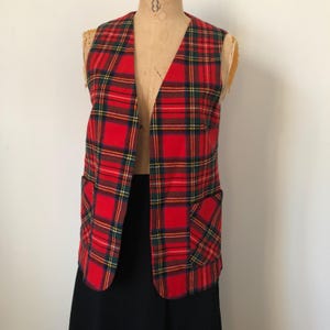 Chaleco abierto de LANA a cuadros escoceses de los años 70 con bolsillos estilo preppy para oficina y escuela de los años 70