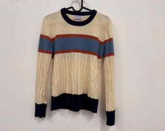 Todo en oferta 15 años 80 vintage pequeño mediano a rayas punto suéter unisex manga larga preppy años 1980 crema riber top s m cadena